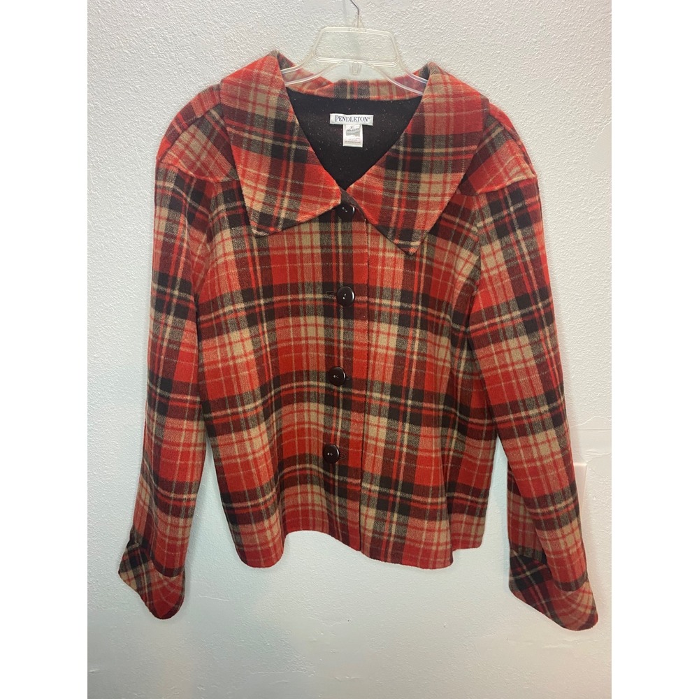 Pendleton Plaid Jacket Women XL Red  Plaid Merino Wool‎ Blend Button Up  Classic